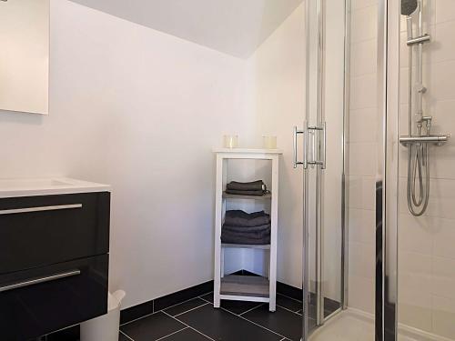 ein Badezimmer mit einer Dusche und einem Regal mit Handtüchern in der Unterkunft Nice holiday home in Saint Pierre de Frugie with garden in Saint-Pierre-de-Frugie