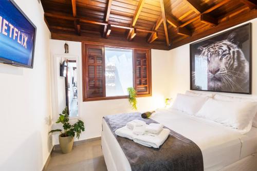 ein Schlafzimmer mit einem Bett mit einem Bild eines Tigers in der Unterkunft Flats Una's Corner - Novos - Ar Condicionado in Barra do Una