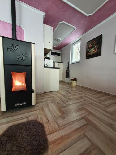 a living room with a fireplace and wooden floors at Villa Winterfell Popova Shapka in Popova Shapka
