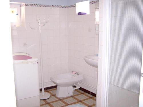 a white bathroom with a toilet and a sink at Charmante Fermette Rénovée avec Terrasse Privative et Vélos, 2 Chambres, Proche Le Lude - FR-1-410-155 in La Chapelle-aux-Choux