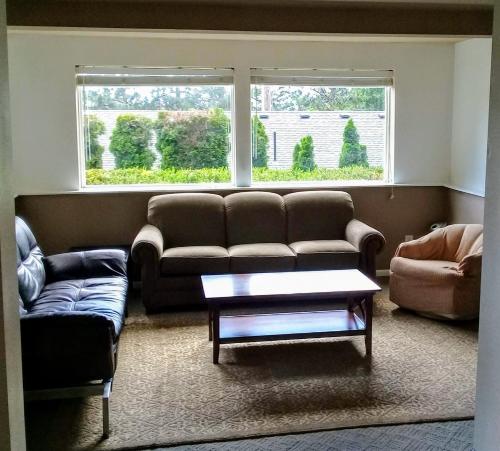 een woonkamer met een bank en een salontafel bij Downtown White Salmon Garden Home in White Salmon
