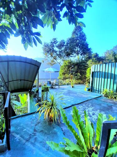 a patio with a table and chairs and an umbrella at Ever Green Mount in Ella