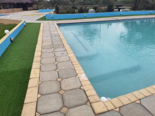 a swimming pool with a stone path around it at Rondy Bosch Lodge in Louis Trichardt
