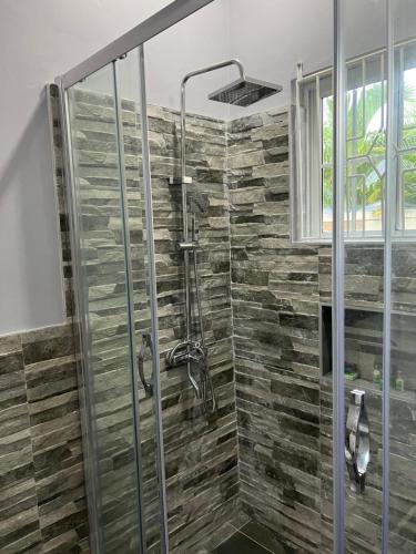 a shower in a bathroom with a stone wall at Large Contemporary Two Bedroom in Kingston