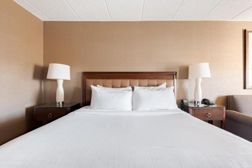 a bed in a hotel room with two lamps at Wyndham Omaha Hotel - West Dodge in Omaha