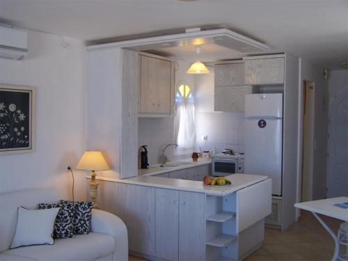 a kitchen with a refrigerator and a counter top at Caldera View Private Villa in Megalochori