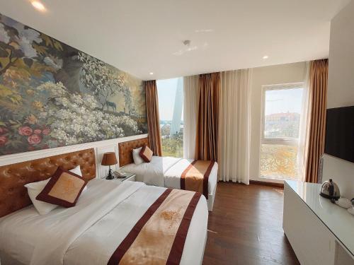 Ένα ή περισσότερα κρεβάτια σε δωμάτιο στο Pusan Halong Hotel