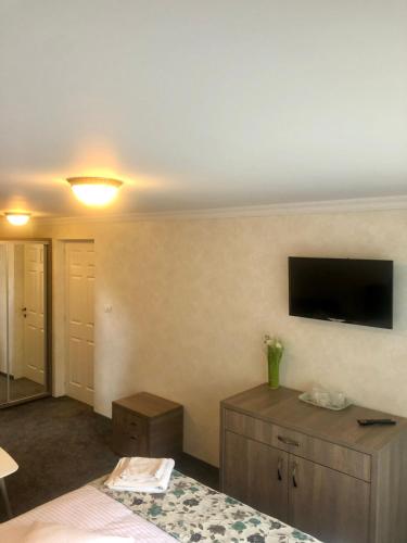 Habitación con cama y TV de pantalla plana. en BUCEGI VIEW APARTAMENT, en Sinaia