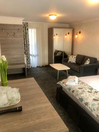 une chambre d'hôtel avec deux lits et un canapé dans l'établissement BUCEGI VIEW APARTAMENT, à Sinaia