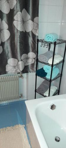 a bathroom with a sink and a shelf with towels at Locanda San Martino in Massac