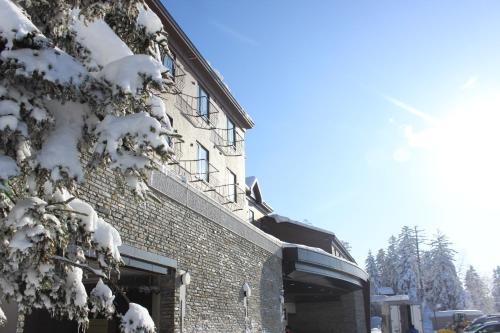a brick building with snow on the branches of a tree at Higashikawa Asahidake Onsen Hotel Bear Monte in Higashikawa