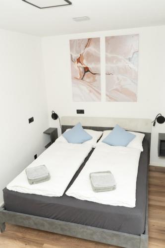 a bedroom with a bed with white sheets and blue pillows at Alone in Chalet with view on Dolomites in Villandro