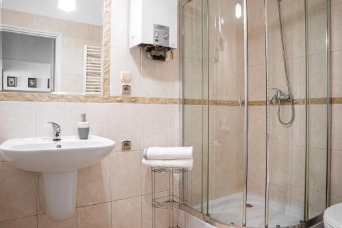 La salle de bains est pourvue d'un lavabo et d'une douche. dans l'établissement Main Square 18 view 1, à Cracovie