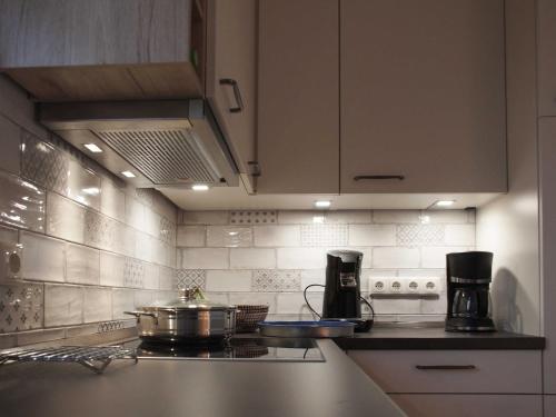 a kitchen with a stove with a pot on the counter at Sonniges Reetdachhaus in Puddemin