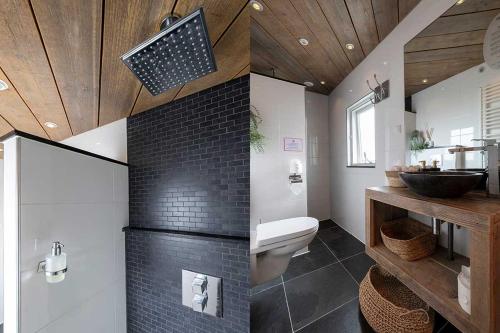 two pictures of a bathroom with a sink and a toilet at De Roos Leeuwarden in Leeuwarden