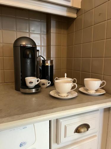 um balcão de cozinha com 2 chávenas e comodidades para preparar café em Private Rooms & Bath em Tonneins