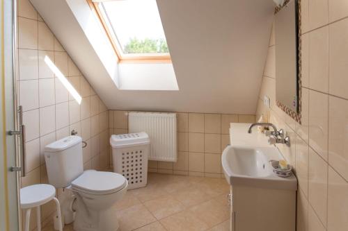 łazienka z toaletą, umywalką i oknem dachowym w obiekcie Ranczo Marzenia w mieście Długie