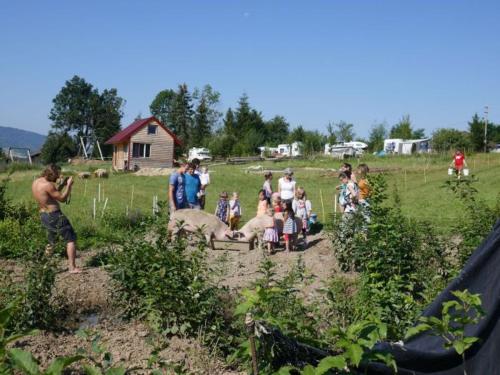 a group of people standing in a field with sheep at Apartment at Sedliacky Dvor - Brezno in Brezno