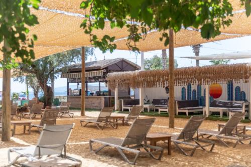 un grupo de sillas y sombrillas en una playa en Kefi Beach & Suites, en Ortakent