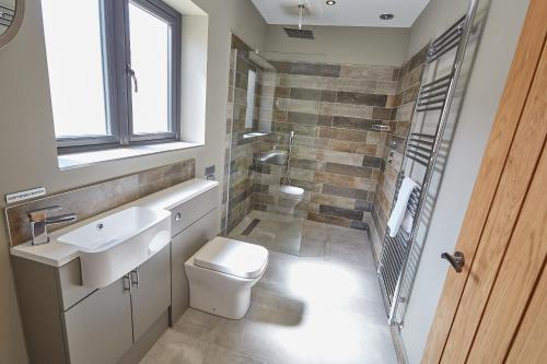 La salle de bains est pourvue de toilettes, d'un lavabo et d'une douche. dans l'établissement Field Maple Barn, Ashlin Farm Barns, à Lincoln