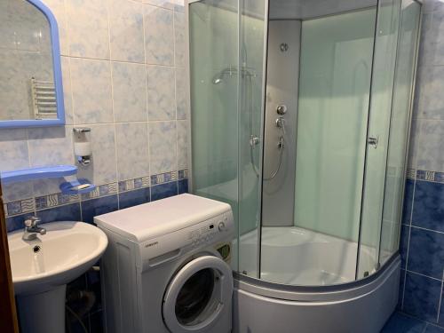 a bathroom with a washing machine and a sink at Svitlyachok in Yaremche