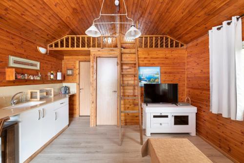a kitchen with wooden walls and a television on a counter at Nof kinnert in Moshav Ramot