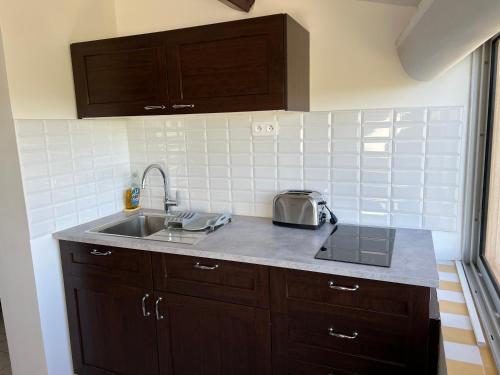 une cuisine avec un évier et un plan de travail dans l'établissement Joli studio très clair à proximité mer pour 3 personnes, à La Londe-les-Maures