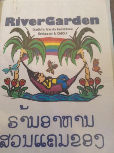 a book with a man sleeping in a hammock between palm trees at Rivergarden Guesthouse and restaurant in Don Det
