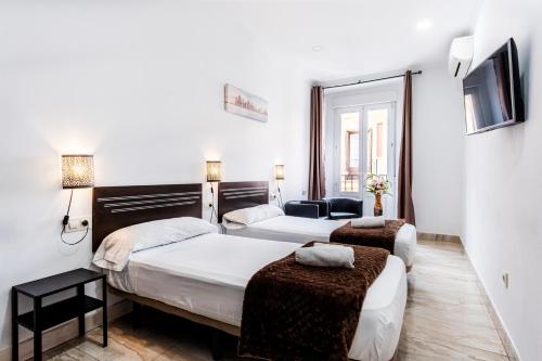 um quarto de hotel com duas camas e uma televisão em Hostal Rincón de Sol em Madri