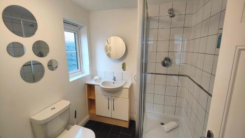 uma casa de banho com um chuveiro, um WC e um lavatório. em Graylingwell! 4/5Bedroom House Chichester Goodwood em Chichester