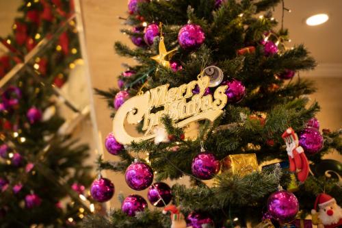 a christmas tree with purple ornaments on it at Hanoi Diamond King Hotel & Travel in Hanoi