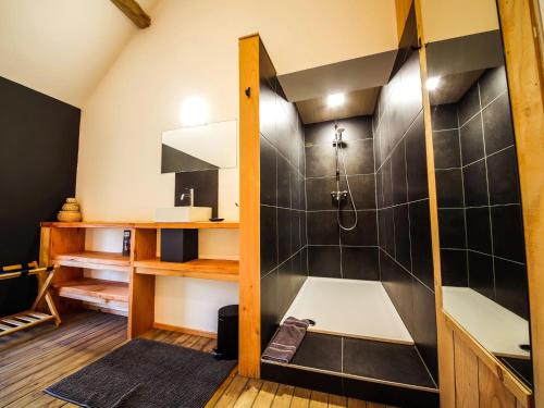 La salle de bains est pourvue d'une douche avec du carrelage noir. dans l'établissement Beautiful holiday home with a unique location in the middle of nature, à Gesves