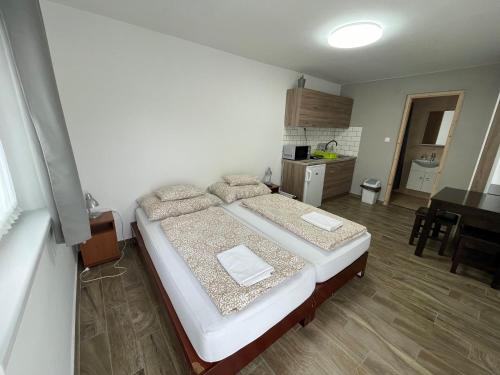 um quarto com 2 camas num quarto com uma cozinha em Freedom Apartman em Mórahalom