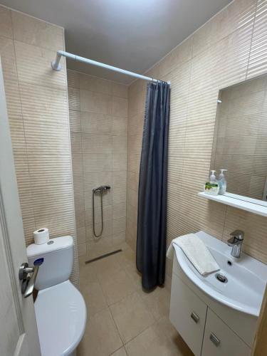 uma casa de banho com um chuveiro, um WC e um lavatório. em Freedom Apartman em Mórahalom