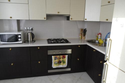 a kitchen with a stove and a microwave at Apartments on Primorskaya in Zelenogradsk