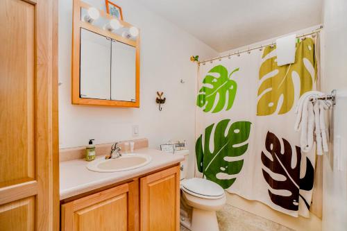 a bathroom with a sink and a toilet and a shower curtain at Plattitudes in Honor