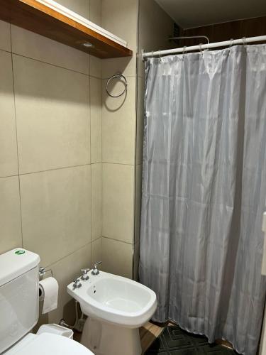 a bathroom with a toilet and a shower curtain at Departamento de 1 dormitorio - Zona parque independencia in Rosario