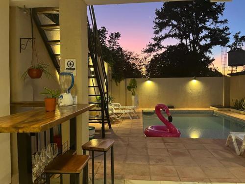 a swimming pool with a pink swan in a backyard at Colibrí Hostel in Puerto Iguazú