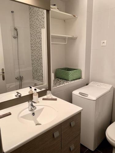une salle de bain avec un lavabo, des toilettes et un miroir dans l'établissement Joli appartement à 5 minutes du palais et plages, à Cannes