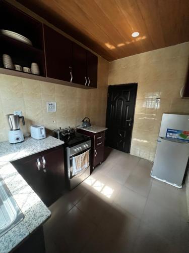 a kitchen with a stove and a refrigerator at Living Green APARTMENTS AIRPORT PICK UP in Benin City