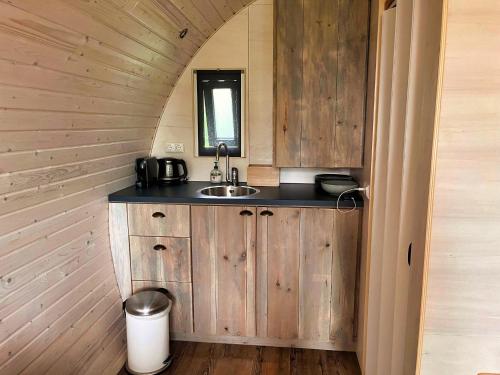 a kitchen with a sink in a tiny house at Pod Hotelkamer aan het water in Dokkum