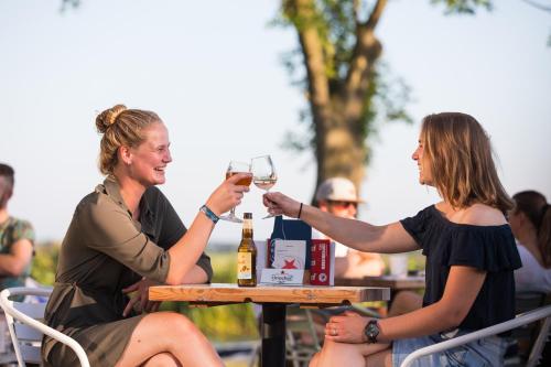 a man and woman sitting at a table with glasses of wine at Pod Hotelkamer aan het water in Dokkum