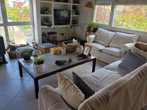 Sala de estar con 2 sofás y mesa de centro en casa regina en Mar del Plata