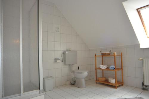 a bathroom with a toilet and a shower at Ferienwohnung Landliebe 65347 in Moormerland