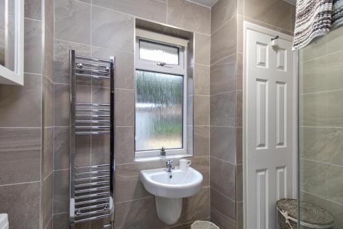 a bathroom with a sink and a window at Queen Bower Farm Lodge in Alverstone