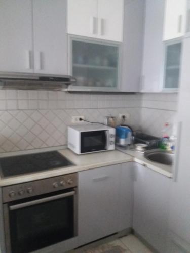 una cucina con forno a microonde e lavandino di Sava Centar a Novi Beograd