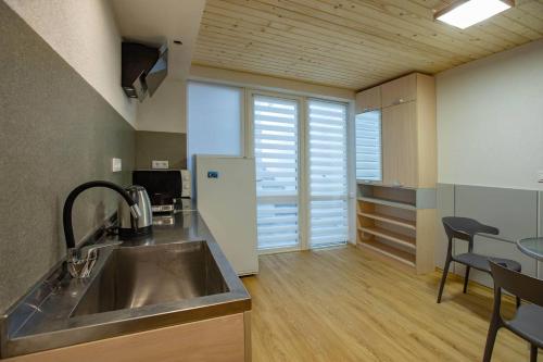 a kitchen with a sink and a refrigerator and a table at White House in Truskavets