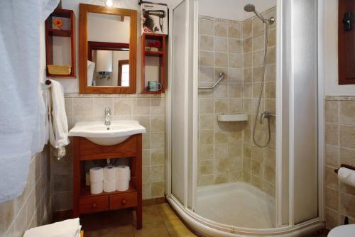 a bathroom with a shower and a sink at Casa De La Eterna Primavera in San Bartolomé