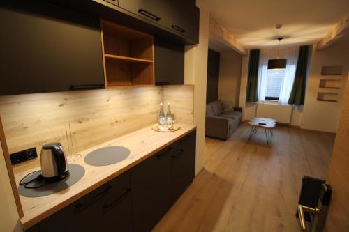 a kitchen with a sink and a living room at DER Hirsch Hotel in Monschau