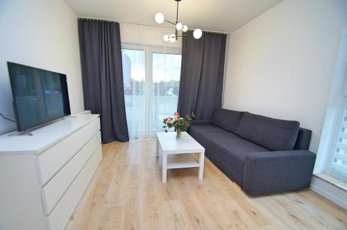 een woonkamer met een bank en een tv bij Apartament Bytkowska in Katowice